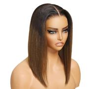 Perruque Bob lisse marron Yaki en cheveux humains - Perruques frontales en dentelle sans colle prédécoupées 7x5 HD avec nœuds, mèches châtain - Prêtes à l'emploi, courtes 12 pouces(14inch)