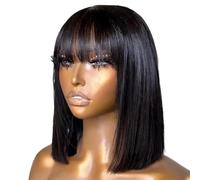 Perruque Bob lisse noire de 10 à 14 pouces avec frange, cheveux humains, dentelle HD sans colle, perruques courtes prêtes à l'emploi for femmes(12inch)