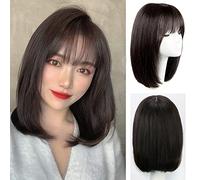 Perruque Bob marron avec frange perruques de cheveux humains pour femmes blanches droites courtes Bob Air frange perruque filles fête cosplay quotidienne(12-16in / 30-40cm, marron clair, noir nature
