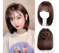 Perruque Bob marron avec frange perruques de cheveux humains pour femmes blanches droites courtes Bob Air frange perruque filles fête cosplay quotidienne(12-16in / 30-40cm, marron clair, noir nature