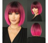Perruque Bob Ombré Rose Rouge de 12 pouces pour femmes - Perruque courte droite magnifique avec frange, racine foncée, fibre synthétique soyeuse résistante à la chaleur de haute qualité. Perruque colo