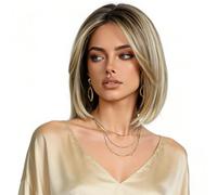 Perruque Bob Ondulée Courte avec Frange,Blond Ombré 14 in,Perruque Bob Blonde avec Frange Courte Couche Ombre Blonde Perruques de Cheveux,Perruque Sans Colle pour Une Utilisation Quotidienne de fête