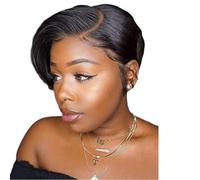 Perruque Bob Pixie courte 6 pouces, perruques Bob courtes avec frange latérale, perruque en dentelle 13x4x1, perruque cheveux humains sans colle, for femmes, utilisation quotidienne cosplay fête.(Blac