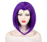Perruque bob violette avec autocollant rubis pour le cosplay de super-héroine Raven pour femmes, partie médiane, violet foncé, synthétique résistant à la chaleur pour cosplay anime lors de fêtes costu