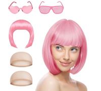 Perruque Bob Wig, bob Court avec Frange Unique, Perruque Coupe au Carré Classique avec Bonnets de Perruque pour Halloween Noël Jeux de Rôle Fêtes à Thème (Rose)