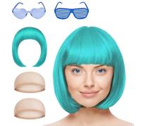 Perruque Bob Wig, bob Court avec Frange Unique, Perruque Coupe au Carré Classique avec Bonnets de Perruque pour Halloween Noël Jeux de Rôle Fêtes à Thème (Bleu Clair)