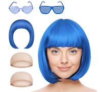 Perruque Bob Wig, bob Court avec Frange Unique, Perruque Coupe au Carré Classique avec Bonnets de Perruque pour Halloween Noël Jeux de Rôle Fêtes à Thème (Bleu foncé)