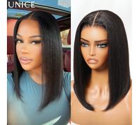 Perruque Bob Yaki Lisse 100% Cheveux Humains UNice avec Cordon de Serrage 7x5 & 13x4, Perruques Bob Sans Colle en Dentelle