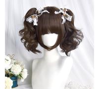 Perruque Bobo Courte Pour Femme Avec 2 Pinces À Griffes Amovibles Queues De Cochon Queues De Cheval Perruques Cosplay Lolita (Brun foncé-vague d'eau bouclée)