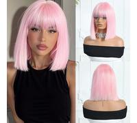 Perruque Bobo rose ombré de 14 pouces avec frange - Une perruque synthétique résistante à la chaleur, naturelle et attrayante. (La couleur réelle du produit peut légèrement différer de l'image en rais