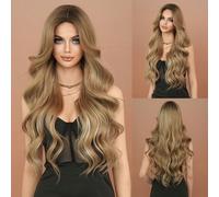 Perruque bouclée brune soulignée extra longue, avec raie au milieu mélangée or, super longue perruque ondulée pour usage quotidien et fête, 32 pouces, en fibre synthétique Fibre haute température