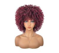 Perruque bou de 25 cm for femmes noires, cheveux synthétiques courts résistants à la chaleur, avec bonnet de perruque. Effet naturel et Volumineux(Wine Red)