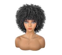Perruque bou de 25 cm for femmes noires, cheveux synthétiques courts résistants à la chaleur, avec bonnet de perruque. Effet naturel et Volumineux(Black)