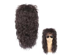 Perruque bouclée des années 70 et 80 pour homme - Perruque style rock, années 70 et 80 - Marron foncé - Longue perruque bouclée pour fête - Costume d'Halloween - Perruque d'anime pour homme