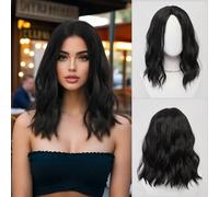 Perruque bouclée noire moyenne rétro simple, 16 pouces, cheveux ondulés noirs et bruns, fins, respirants, doux et naturels, fibre synthétique résistante à la chaleur, convenant pour un port quotidien,