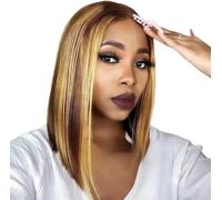 Perruque Bresilienne Cheveux Humain 13x4 Bob Lace Frontal Wig Bob Perruque Naturel Courte Perruque Femme Naturelle Brésilien Wig Human Hair Highlight Blond Ombrée P4/27 Couleur (10 pouces)