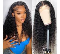 Perruque Bresilienne Cheveux Humain 13x4 Lace Frontal Wig Human Hair 180% Densité Deep Wave Perruque Femme Naturelle Brésilien Lace Wig Human Hair Curly Noire Couleur Naturelle 16 Pouces