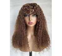 Perruque Bresilienne Cheveux Humain avec Frange Bouclée Perruque Sans Colle Courte Culry pour Femme No Lace Ombre Brown Wig(#1B/4#) 20 Pouce