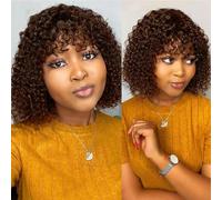 Perruque Bresilienne Cheveux Humain avec Frange Bouclée Perruque Sans Colle Courte Culry pour Femme No Lace Bob Wig Human Hair Ombre Brown (#1B/4#) 12 Pouce