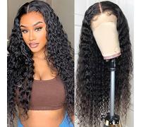 Perruque Bresilienne Cheveux Humain Deep Wave Lace Frontal Wig Perruque Femme Naturelle Brésilien Bou 180% Densité 13x4 Lace Wig Human Hair Noire Couleur Naturelle for Women 24 Pouces