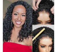Perruque Bresilienne Half Wig Human Hair Kinky Curly Femme Naturelle Cheveux 100% Human Hair for Black Women Glueless Wigs Ready to Go 3 In 1 Seamless Flip Over Drawstring No Sew In 16 Pouces
