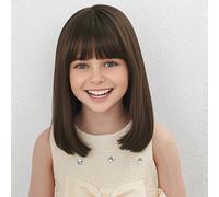 Perruque brune courte au carré pour enfant, perruque au carré châtain foncé avec frange pour enfant, perruque synthétique pour le jeu de rôle et les fêtes, filet rose pour un port quotidien Fibre haut