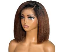 Perruque brune mixte blonde à reflets, à porter et à emporter sans colle, Yaki crépue et lisse, synthétique, avec dentelle frontale, pré-coupée for débutant, coupe courte épilée.(14inch)