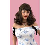 Perruque brune style pin-up, bouclée avec une frange courte : Carolina chestnut brown with blonde highlights #8H27