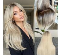 Perruque Byluxurious en Blond Vanille Crème Balayage Ombre Racinaire Highlights sur Mèches Frontales Densité 180% Cheveux Humains Vierges Lisses Droits Lace UHD 13x4 Améliorée Balayage Design Légèr