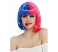 Perruque Carnaval Femmes Bob Court Frange Bleu Rose Coupé en Deux Divisé Moitié
