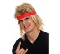 Perruque Carnaval Homme Long Blonde Nuque Longue Bandeau 80er Actio-Star Lutteur