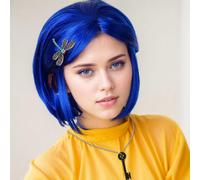 Perruque carré bleu avec frange et pince à cheveux libellule pour femmes. Cheveux synthétiques résistants à la chaleur avec frange. Idéal pour le quotidien, les fêtes, l'école, les costumes. Perruque