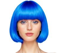 Perruque Carré Bleu avec Frange pour Femme - Perruque Bob Courte Lisse en Fibres Synthétiques - Idéale pour Carnaval, Halloween, Cosplay ou Utilisation Quotidienne