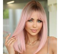 Perruque carré de 14 pouces, perruque dégradé rose pour femmes, cheveux mi-longs droits avec frange en fibres synthétiques. Convient pour un port quotidien, les fêtes, les vacances. Naturelle, élégant