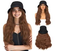 Perruque chapeau S-noilite pour femme, perruque chapeau seau avec extensions de cheveux synthétiques bouclés de 47 cm de long, perruques pliables pour un usage quotidien décontracté,Brun clair