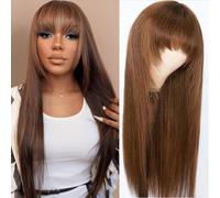 Perruque Cheveux Humain avec Frange Brésilien Straight Wig Human Hair With Bangs Perruque brune sans colle cheveux humains 16 Pouces