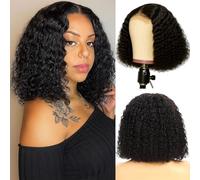 Perruque Cheveux Humain Sans Colle Wear and Go Glueless Wig Human Hair 5x5 Lace Deep Curly Bob Wig Pre Plucked Hairline HD Lace Closure Wig Perruque Femme 150% Density Couleur Naturelle (8 Pouces)