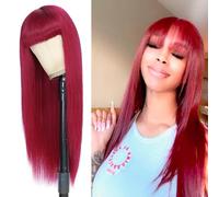 Perruque Cheveux Humains Burgundy avec Frange - 99J Vin Rouge, Bresilienne, Sans Lace Front, Lisse, avec Baby Hair, 16 Pouces