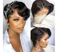 Perruque cheveux humains courts bouclés Pixie 6 pouces, perruque cheveux humains bouclés ondulés en dentelle 13X4X1, ligne cheveux naturelle, for femmes facile à porter.(Black)