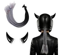 Perruque Colorée Dégradée avec Ventouse Amovible pour Casque de Moto Queue de Cheval Tressée avec Cornes de Diable pour Casque Accessoire Décoration en Forme de Démon pour Casques de Moto Vélo Scooter