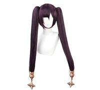 Perruque cosplay Anime Game Genshin Effet Mona Cosplay Perruque longue droite violette avec queue de cheval résistante à la chaleur Rouleau de cheveux synthétiques COS
