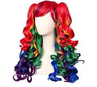 Perruque cosplay longue bou arc-en-ciel, multicolore, double couettes pour festivals, soirées et jeu de rôle costume, fibre soyeuse d'aspect naturel, expédition rapide