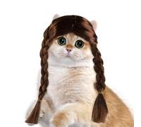Perruque cosplay pour animaux de compagnie - Design chat marron à double tresse longue, accessoire de costume de cheveux faux pour chiens | Vêtements de fête de Noël Halloween festifs pour ca