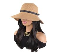 Perruque Cosplay Pour femmes Chapeau à gros bords for femmes, perruque une pièce, cheveux bouclés, grande vague, vacances d'été Glamour perruque(Noir)