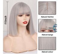 Perruque Cosplay Pour femmes Court synthétique argent gris Bob avec frange courte droite Bob perruques for femmes Cosplay fête quotidienne rouge blackpink perruque Glamour perruque