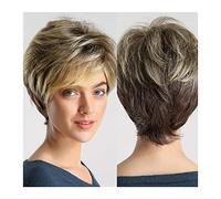 Perruque Cosplay Pour femmes Fluffy Short Pixie Cut Perruques for Femmes Blanches Foncé Racine Ombre Brun Blonde Perruques Synthétiques Aspect Naturel Couches Cheveux Courts Perruques avec Une Frange