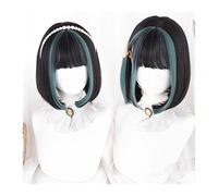 Perruque Cosplay Pour femmes Perruque Bob Courte avec Frange, Perruques Bob Droites for Femmes Cheveux Noirs Surlignés Verts, Perruque de Fête Cosplay Synthétique Résistante à la Chaleur Naturelle Gla