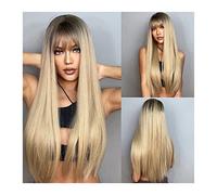 Perruque Cosplay Pour femmes Perruque de cheveux blond clair avec racines foncées longue perruque synthétique droite avec frange for femmes blanches perruques droites en fibre résistante à la chaleur