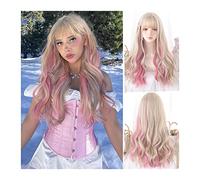 Perruque Cosplay Pour femmes Perruque frisée longue ondulée avec frange, reflets blonds perruque frisée rose for femmes filles Lolita Cosplay perruque perruque de fête naturelle résistante à la chaleu
