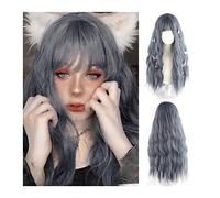 Perruque Cosplay Pour femmes Perruques bleu brume, perruque longue ondulée bouclée avec frange for femme, perruques ondulées synthétiques mates d'aspect naturel for filles, dames, cosplay, fête, tenue